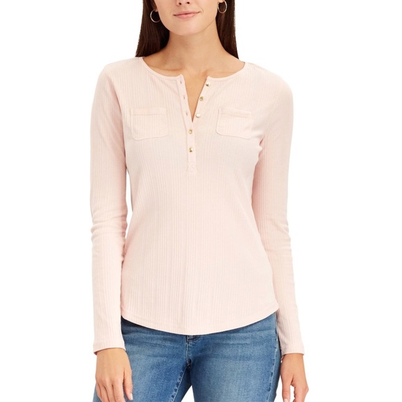 Chaps Women’s Large Ribbed Knit Henley Top Pale Pink Classic Fit Long Sleeve - Picture 1 of 9